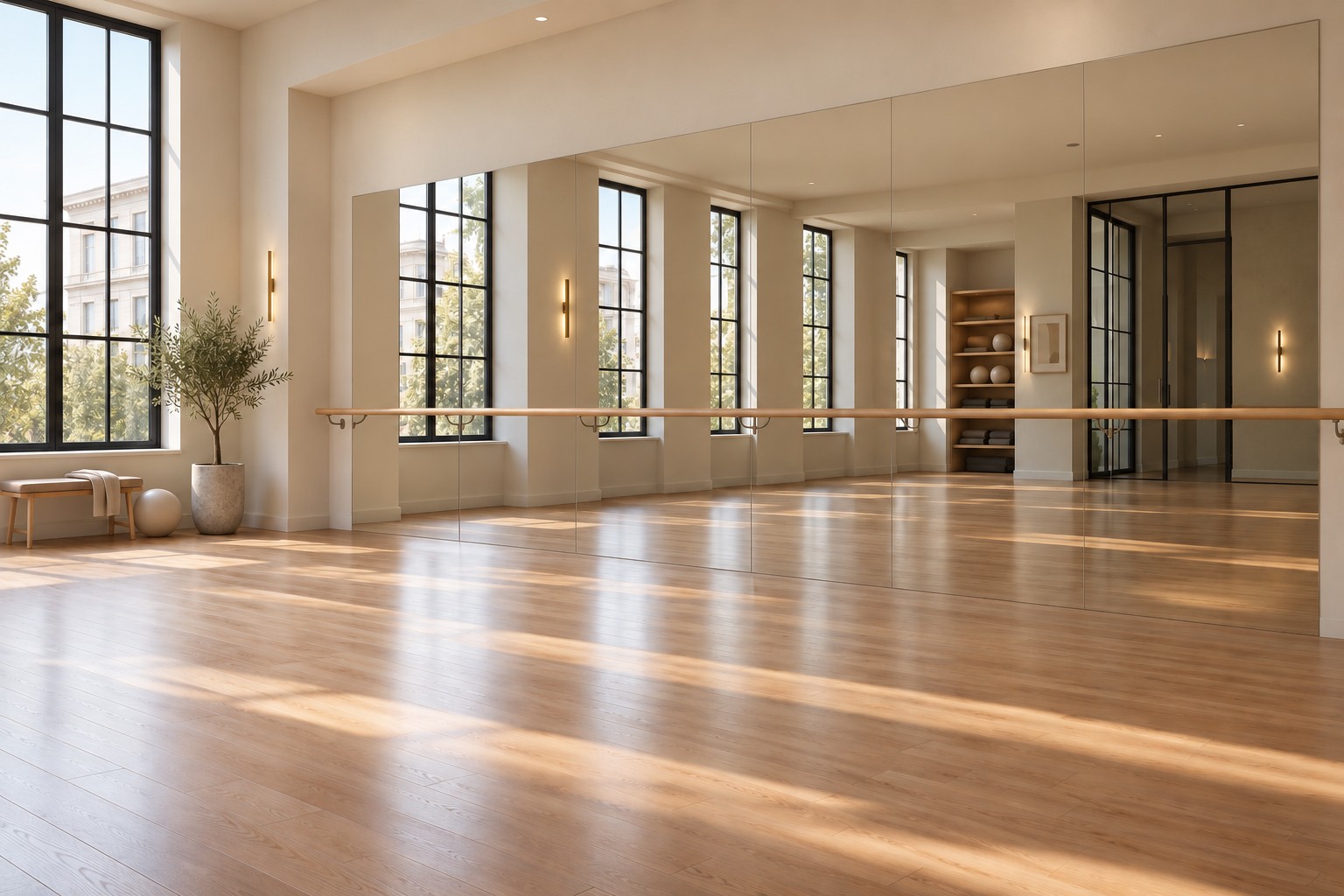 Dance studio with a frameless mirror wall